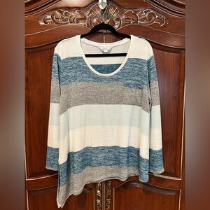 Market & Spruce Asymmetrical Hem Striped Long Sleeve Sweater - Blue and Gray